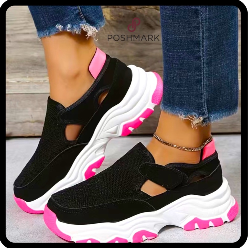 NWT Women's Platform Black & Pink Lightweight Comfortable  Sneakers Size 7